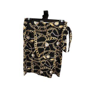 Jones NY Sport Skirt Small Black Gold Chain Pattern Wrap Tie Closure Cotton Chic